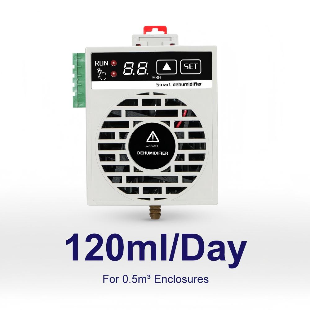 A compact DIN-rail unit that fits inside a combiner box without crowding the terminals.